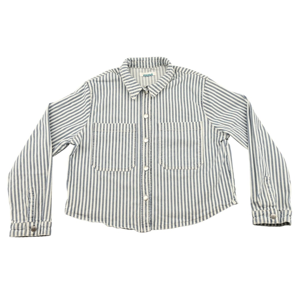 Mavi Striped Blue Denim Utility Chore Shacket Cropped Workwear Jacket Large L